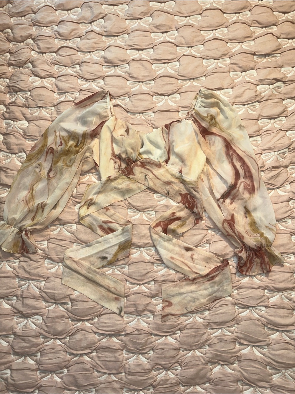 Marble-Print Wrap Crop Top in Cream and Brown